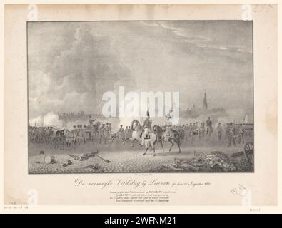 Battle at Leuven, Anonymous, 1831 print The battle took place near Leuven between Belgian insurgents and Dutch troops. The Prince of Orange, later King William II, conquered the city on 12 August 1831. He drives behind his army that has opened the fire. print maker: Netherlandspublisher: Dordrecht paper  raising the siege. battle, fighting in general Louvain Stock Photo