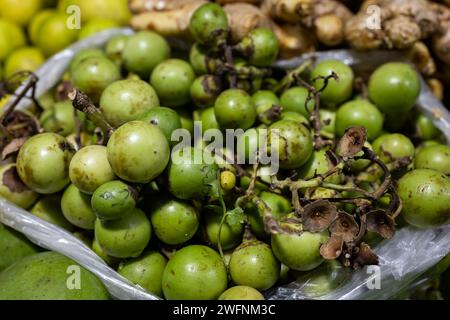 Indian fruit Green Fragrant manjack or snotty gobbles also known as Glue berry, bird lime tree, Indian cherry, Lasoda or Gunda. These fruits are used Stock Photo