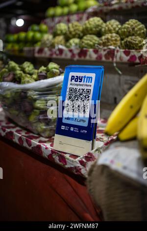 upi payment qr code scanner at vegetable shop Stock Photo