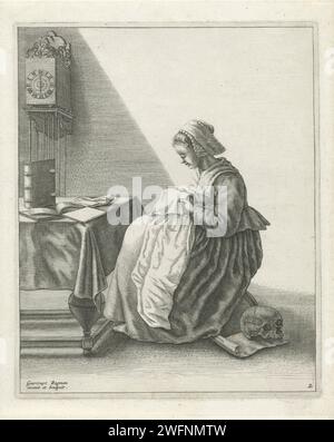 Handiczing Woman, Geertruydt Roghman, 1648 - 1650 print A young woman is in a departure at a table on which some books, and is busy folding a collar or a hat. She is dressed according to the civil fashion of approx. 1640 and wears a hat on the head. There is a clock on the wall. On the floor, behind her chair, is a skull on a roll of paper. The print is part of a series of five prints with domestic work. Amsterdam paper engraving dress, gown (+ women's clothes). head-gear Stock Photo