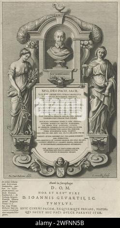 Memorial for Claude Jean Gevaerts, Adriaen Lommelin, After Peter Paul Rubens, After Artus Quellinus (I), 1630 - 1677 print Memorial for Claude Jean Gevaerts, Klerk in Antwerp. Above the plaque with inscription in Latin is a portrait bust of Gevaerts in a niche. There are peace and justice on either side of the niche. Under the show a Latin text, printed from another plate. Antwerp paper engraving / letterpress printing grave, tomb and other grave-forms and grave-markers. symbols, allegories of peace, 'Pax'; 'Pace' (Ripa). Justice, 'Justitia'; 'Giustitia divina' (Ripa)  one of the Four Cardina Stock Photo