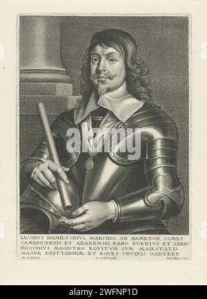 Portrait of James Hamilton, first Duke of Hamilton, Peter van Liesebetten, After Anthony Van Dyck, 1640 - 1670 print James Hamilton, Count of Aran and first Duke of Hamilton. General of the Scottish army during the English Civil War. Antwerp paper engraving Stock Photo
