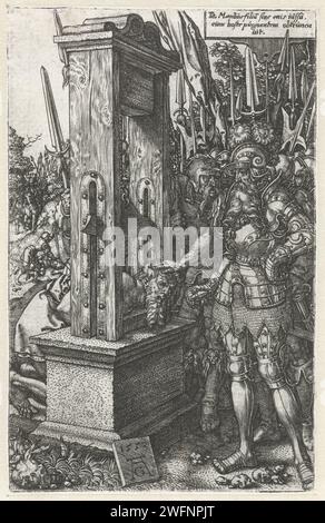 Titus Manlius Torquatus has his son executed, 1553 print Titus Manlius Torquatus lets his son behead because he went against his orders. He stands next to a precursor of the guillotine and holds the head of his son underneath it. Behind him is a group of soldiers. At the top right a three -litigal text in Latin. Germany paper engraving Torquatus has his son beheaded because he has fought an enemy in single combat against the strict orders of his father Stock Photo