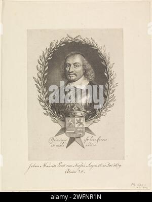 Portrait of Johan Maurits, count of Nassau -Siegen, 1625 - 1699 print Portrait of Johan Maurits in an oval of Orange branches. In the middle of his weapon with a crown. In the lower margin two lines of Latin text. Low Countries paper engraving / etching Stock Photo