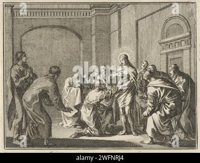 Unbelief of Tomas, Jan Luyken, 1712 print  Amsterdam paper etching Christ shows Thomas his wounds Stock Photo