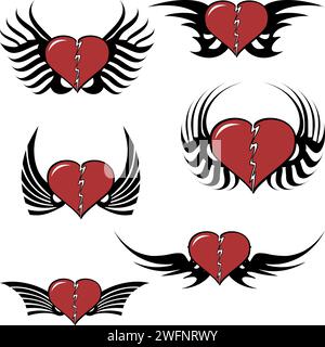 red winged heart tattoo ink sticker pack collection in vector format Stock Vector