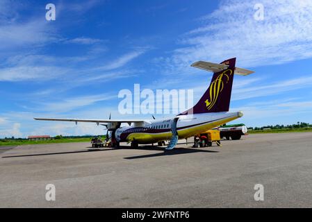 An Air Mandalay airplane on the tarmac at the Sittway airport in Rakhine State, Myanmar. Stock Photo