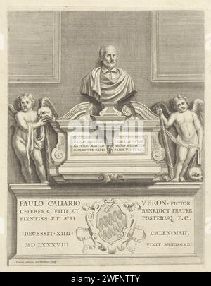 Graftombe Van Paolo Veronese, Pietro Sante Bartoli, 1645 - 1700 print Tomb of painter Paolo Veronese with portrait and two putti. In the lower margin text and a coat of arms. Italy paper etching / engraving grave, tomb Stock Photo
