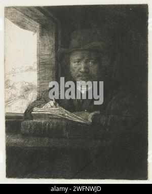 Self-Portrait Etch at A Window, Rembrandt van Rijn, 1648 print   paper etching / drypoint Stock Photo