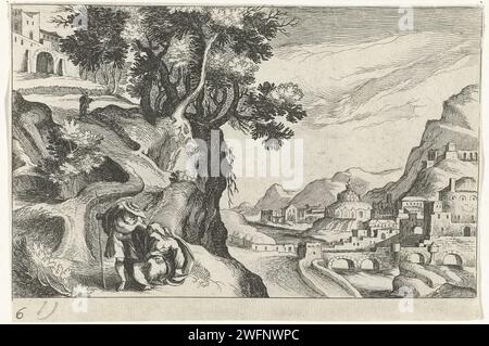 Landscape with Judah and Tamar, 1611 print Landscape with Judah and Tamar in the foreground. On the left a steep hill with a building on it and a city on a river on the right. print maker: Northern Netherlandspublisher: The Hague paper etching Tamar changes from her widow's clothes and covers her face with a veil after the manner of the prostitutes; sitting at the entrance of a city on the road to Timnath she awaits Judah Stock Photo