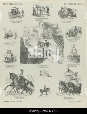 In Paardenpel, 1872 - 1883 print Leaf with 12 performances of circus scenes with horses and Mr. and Mrs. Carré. A caption under each performance. Numbered at the top right: No. 12. Haarlem paper letterpress printing circus animals. circus. horses (circus performance). circus performance with trained animals (monkeys, elephants, bears, lions and tigers, horses, dogs, dolphins, seals, fleas) Stock Photo