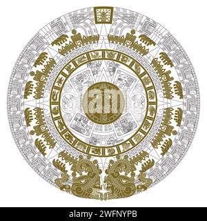 Vector design of Aztec calendar, monolithic disk of the ancient Mexica, sun stone of the Aztec civilization Stock Vector