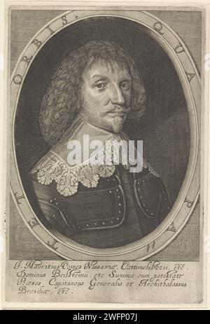 Portrait of Johan Maurits, count of Nassau -Siegen, 1625 - 1699 print Portrait of Johan Maurits in an oval with edge. Four lines of Latin text in the lower margin. Low Countries paper engraving / etching Stock Photo