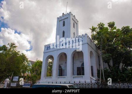 St. Andrew's Presbyterian Kirk Church on Duke Street at Market Street in historic downtown Nassau, New Providence Island, Bahamas. Stock Photo