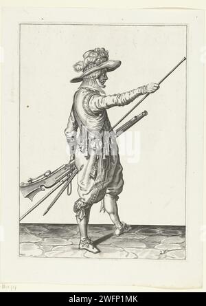 Soldier with a musket that slides his right hand to the end of his chest of drawers, Jacques de Gheyn (II) (workshop of), after Jacques de Gheyn (II), 1597 - 1607 print A soldier, to the right, who holds a musket (a certain type of firearm) with his left hand at his left thigh and brings his right hand to the end of his seam, which he has supported against his right side. In his left hand in addition to the musket also a wick; On his left pols a furmeric (musket fork). This print is part of the series of 43 numbered prints of Musketeers from the arms handling. Netherlands paper engraving manoe Stock Photo