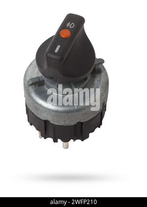 Close-up on the headlight switch control buttons and automatic adjust level dashboard of car in the vehicle repair workshop on white isolated backgrou Stock Photo