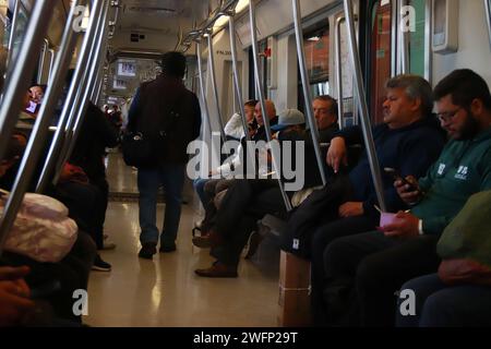 Non Exclusive: Passengers make the first trip on Tlahuac-Mixcoac station section of the Line 12 Mexico City Metro, after more than 2 years of inactivi Stock Photo