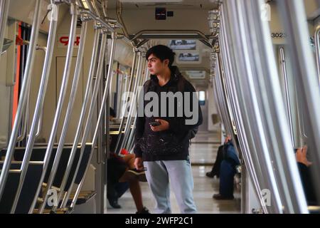 Non Exclusive: Passengers make the first trip on Tlahuac-Mixcoac station section of the Line 12 Mexico City Metro, after more than 2 years of inactivi Stock Photo