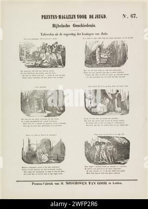 Scenes from the Government of Juda, 1850 - 1881 print Page with 6 performances about the government periods of the Old Testament kings of Judah. Above each performance a title and a four -line verse below each performance. Numbered at the top right: No. 67. publisher: Leidenprint maker: Netherlands paper letterpress printing Old Testament. Adoram is stoned to death; Rehoboam escapes in his chariot to Jerusalem. Asa turns to the doctors instead of God for help. Joash is proclaimed king at the age of seven. Hezekiah's illness and recovery (2 Kings 20:1-11; Isaiah 38). story of Manasseh, son of H Stock Photo