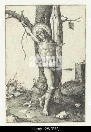 Saint Sebastiaan, Lucas van Leyden, 1508 - 1512 print  Low Countries paper engraving St. Sebastian, tied to a tree or a pillar, is pierced by arrows Stock Photo