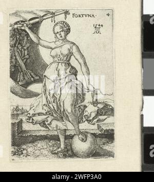 Fortuin, Heinrich Aldegrever, After Cornelis Anthonisz., 1549 print Personification of Fortuin (Fortuna). A woman standing with one foot on a ball, in her right hand a sail with the wheel of fortune on it. Fourth print from a series of fourteen with personifications of virtues and vices. Germany paper engraving Luck, Fortune, Lot; 'Fato', 'Fortuna', 'Aurea fortune', 'Good luck', 'peaceful luck overo Clemente', 'fate' (Ripa) (+ abstract concept reprified by female figures) Stock Photo