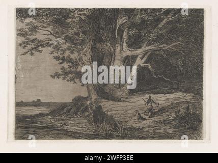Two hunters on the Waterkant, Martinus Antonius Kuytenbrouwer Jr., 1845 print On a waterfront, where there is a large tree, there are two resting hunters and their two dogs. The Hague paper. etching / drypoint hunters resting during the hunt - CC - female hunter, huntress. dog. river bank. trees Stock Photo