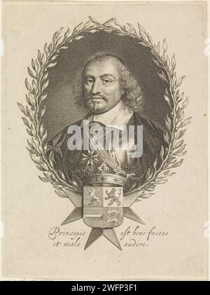 Portrait of Johan Maurits, count of Nassau -Siegen, 1625 - 1699 print Portrait of Johan Maurits in an oval of Orange branches. In the middle of his weapon with a crown. In the lower margin two lines of Latin text. Low Countries paper engraving / etching Stock Photo