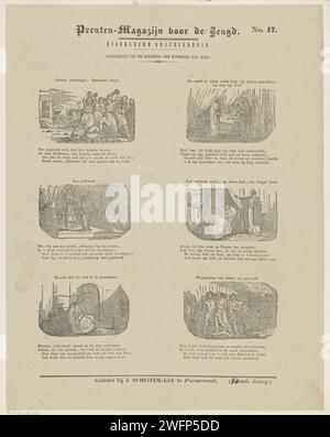 Scenes from the Government of Judah Kings, 1844 print Page with 6 performances about the government periods of the Old Testament kings of Judah. Above each performance a title and a four -line verse below each performance. Numbered at the top right: No. 17. Publisher: Purmerendprint Maker: Netherlands paper letterpress printing Old Testament. Adoram is stoned to death; Rehoboam escapes in his chariot to Jerusalem. Asa turns to the doctors instead of God for help. Joash is proclaimed king at the age of seven. Hezekiah's illness and recovery (2 Kings 20:1-11; Isaiah 38). story of Manasseh, son o Stock Photo