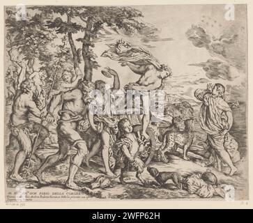 Bacchus meets Ariadne on Naxos, Giovanni Andrea Podestà, After Titian, 1618 - 1674 print Bacchus, along with its entourage consisting of saters, bacchands and panters, finds Ariadne on the island of Naxos. At the bottom left an assignment in Italian. print maker: Italyafter design by: ItalyVaticaanstadGenua paper etching bacchanal: Bacchus with his wine-flushed train (thiasos). Bacchus finds Ariadne on Naxos. (story of) Ariadne and Bacchus Stock Photo