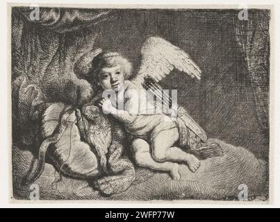 Resting Cupido, Isaac de Jouderville, 1623 - 1647 print Cupido lying on a bed, the arrow sleeve and his bow next to him, has just blown a bubble. Netherlands paper etching / drypoint (story of) Cupid, Amor (Eros). (children or putti) blowing bubbles, 'Homo Bulla'  scene symbolizing 'Vanitas' Stock Photo