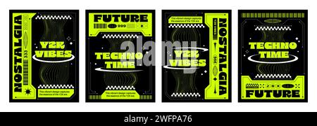 Y2k aesthetic techno banners set. Vector realistic illustration of retrowave posters with vibrant yellow text and lines on black background, announcement text frame, retro futuristic vibe flyers Stock Vector