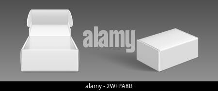White cardboard box mockup set isolated on gray background. Vector realistic illustration of open and closed carton packages, mail delivery, gift packaging, parcel with blank surface, isometric view Stock Vector