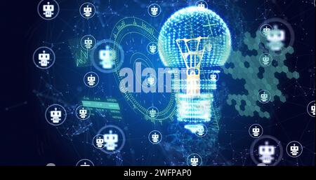 Image of light bulb, connections with chat bot icons and data processing Stock Photo