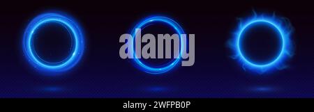 Blue circle frames set isolated on transparent background. Vector realistic illustration of round neon borders with haze and shimmering particles, sparkles, magic power effect, space portal design Stock Vector