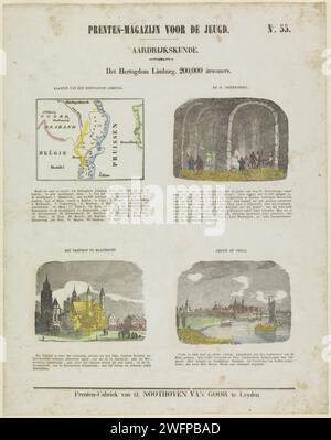 The Duchy of Limburg. 200,000 inhabitants, 1850 - 1881 print Leaf with 4 performances about the Duchy of Limburg with a map and important places and buildings: the Sint-Pietersberg, the Vrijthof in Maastricht and Venlo. A title and a caption under each performance above each performance. Numbered at the top right: No. 55. publisher: Leidenprint maker: Netherlands paper letterpress printing maps, atlases Maastricht. Vrijthof. Venlo. Limburg (Dutch province). Sint-Pietersberg Stock Photo