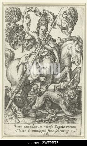 Hoogmoed, Heinrich Aldegrever, 1552 print Personification of the pride. Woman on horseback, with a tiara on the head, a sword in the right hand, in the left a banner with an eagle on it. A lion runs next to the horse. At the top left a coat of arms with a lion, above that a peacock. Under the show a two -line text in Latin. First print from a series of seven. Germany paper engraving Pride; 'Superbia' (Ripa)  personification of one of the Seven Deadly Sins Stock Photo