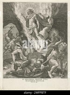 Resurrection of Christ, Johann Sadeler (I), After Maerten de Vos, 1582 - 1584 print Christ rises from his grave. The soldiers who lie around the grave wake up and flee .. The print is part of a five -part series and has a Latin caption with a Bible quote. Antwerp paper engraving Resurrection of Christ. frightened and/or sleeping soldiers at the tomb of Christ Stock Photo