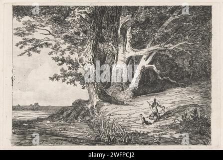 Two hunters on the Waterkant, Martinus Antonius Kuytenbrouwer Jr., 1845 print On a waterfront, where there is a large tree, there are two resting hunters and their two dogs. The Hague paper etching / drypoint hunters resting during the hunt - CC - female hunter, huntress. dog. river bank. trees Stock Photo