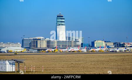 schwechat, austria, 30 jan 2024, view of the vienna international airport from south, tower, aircrafts *** schwechat, österreich, 30. januar 2024, blick auf den internationalen flughafen wien von süden, tower, flugzeuge Copyright: xx Stock Photo