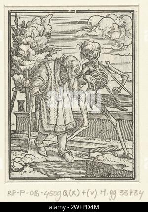 Old Man and Death, Hans Holbein (II), 1538 print A crooked old man with a walking stick is taken by the hand by death and stands on the edge of an open grave. Death bears a musical instrument. In the margin above the print is the text IOB XXII.  paper  old man. dance of Death; Death together with one or more human beings Stock Photo