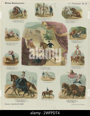 In Paardenpel, 1872 - 1883 print Leaf with 12 performances of circus scenes with horses and Mr. and Mrs. Carré. A caption under each performance. Numbered at the top right: No. 12. Haarlem paper letterpress printing circus animals. circus. horses (circus performance). circus performance with trained animals (monkeys, elephants, bears, lions and tigers, horses, dogs, dolphins, seals, fleas) Stock Photo
