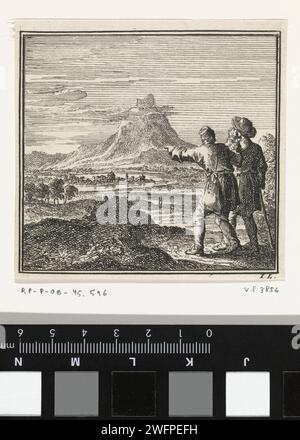 Two walkers look out over a wide landscape, Jan Luyken, 1711 print  Amsterdam paper etching 'en route', traveller under way. landscapes Stock Photo