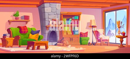 Cozy village cabin interior with winter mountain peaks with snow landscape outside window, wooden furniture and fireplace, books in cabinet and on shelves. Cartoon vector chalet or hotel room inside. Stock Vector