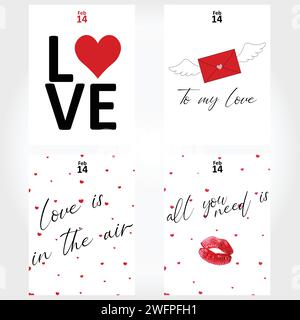 Valentine's Day greeting card. love is in the air, sending you love, All you need is love lettering vector. Happy Valentine's Day. St. Patrick's day. Stock Vector