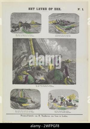 Life at sea, 1850 - 1881 print Leaf with 5 performances of hunting whales, sharks and seals and shrimp fishermen. Under each performance a two -way verse. Numbered at the top right: No. 1. Leiden paper letterpress printing ships (in general). whale fishery, whaling. swimming mammals: seal (+ man and animal). seaman: sailor. sea and coastal fishery. commercial fishery. cartilaginous fishes: shark New Zembla Stock Photo