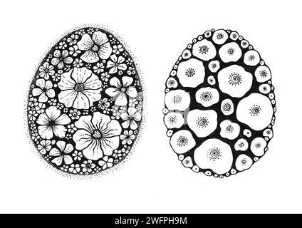 Set of Easter eggs filled with various decorations. Doodle in black. Isolated on white background. The eggs filled with white flowers of various shape Stock Photo