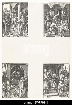 Scouring, thorns, Christ shown to the people (Ecce Homo), Pilate washes his hands in innocence, Albrecht Dürer, 1509 print The fifth series of four scenes from the press series 'De Kleine Passie', here still unputed with 4 images on 1 sheet. At the top left: Christ is, bound by a column, flashed by men with branch forests. At the top right: Christ, sitting on an elevation, gets a crown of thorns on the head. Bottom left: Christ, standing in an open window, is shown to a shouting crowd of people. At the bottom right: Pilatus washes his hands in a dish that servants give him full with water. Nur Stock Photo