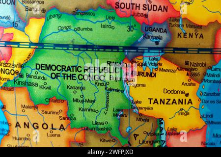 african country republic congo map with rwanda, angola, sudan, tanzania uganda border Stock Photo