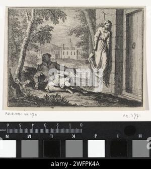 Woman has hung herself after her relationship was broken, Caspar Luyken, 1710 print  Nuremberg paper etching violent death by hanging. seeking death, suicide Stock Photo