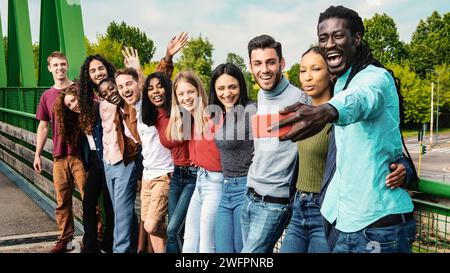 Young People Friends selfie with gen z and smile of diverse university students for social media. Profile picture, portrait and diversity of young peo Stock Photo